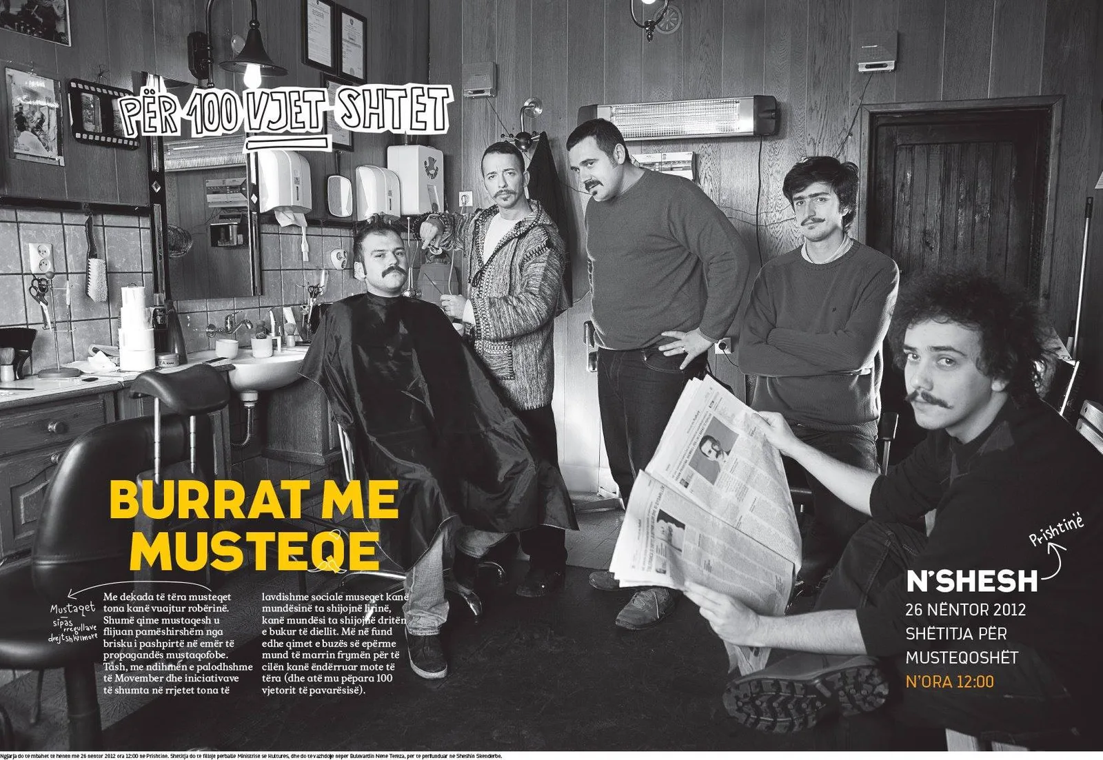The "Burrat me Musteqe" poster: five moustachioed men in a Prishtina barbershop, one in the chair mid-shave, one reading a newspaper, under the hand-lettered line "Për 100 vjet shtet" and the call to a moustache walk on 26 November 2012.