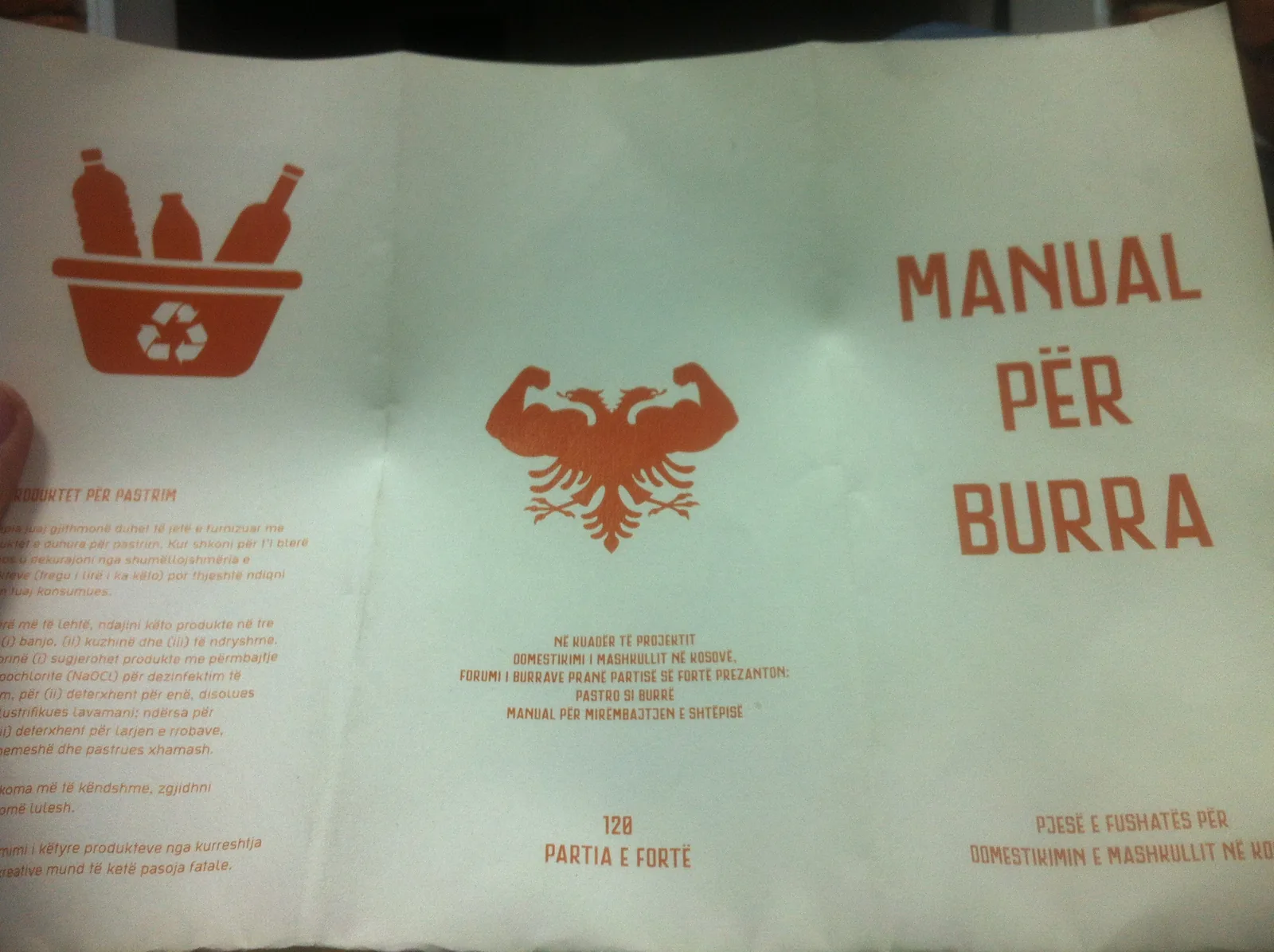The "Manual për Burra" (Manual for Men) pamphlet: a mock household-cleaning guide, part of a campaign framed as "the domestication of the male in Kosovo."