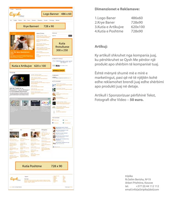 A Qysh Me advertising rate card laying banner slots over a screenshot of the site: Logo Banner 486x60, Krye Banneri 728x90, Kutia e Artikujve 620x100, Kutia Poshtme 728x90 and a sponsored article with text, photo and video for 50 euro.