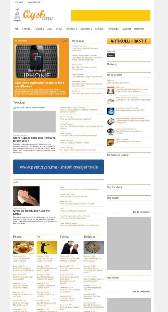 Qysh Me homepage listing how-to articles across categories like Teknologji and Jeta